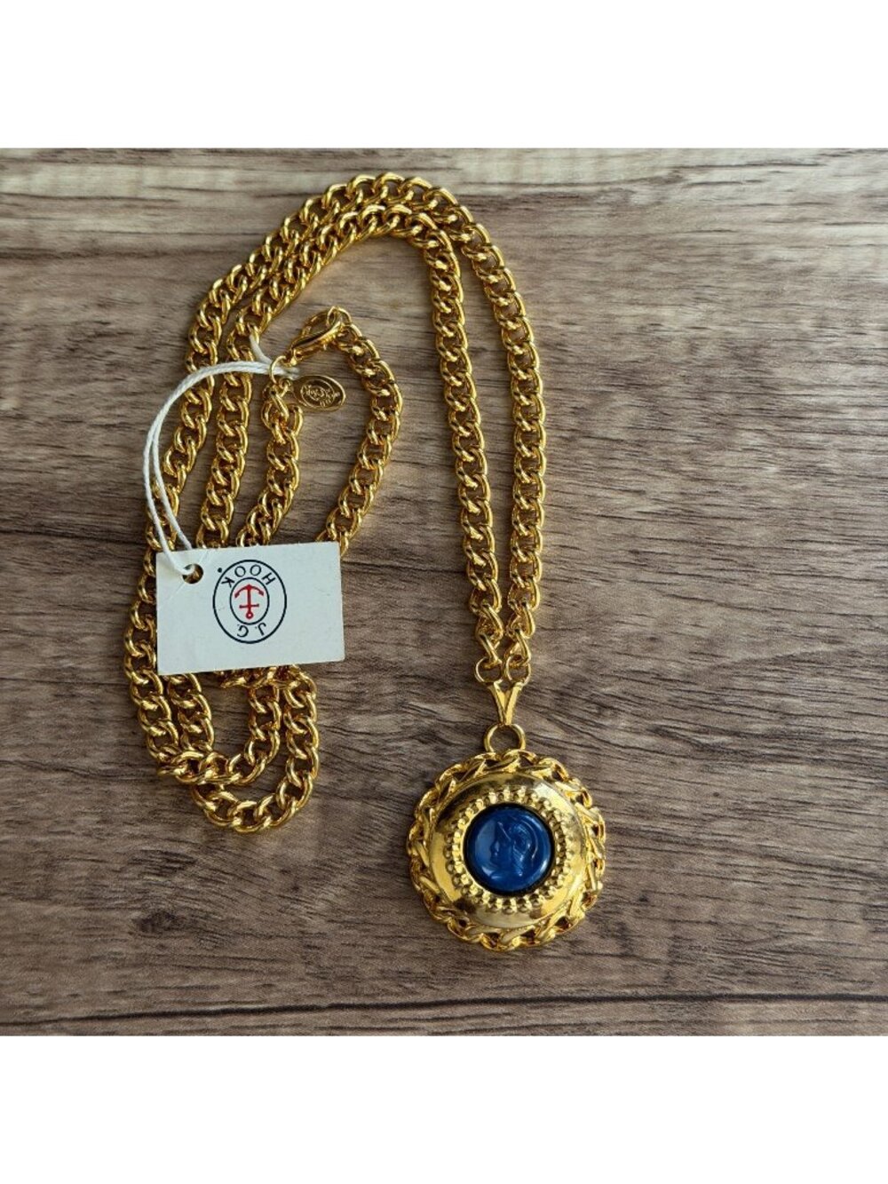 Vintage 1980s NWT J. G. Hook Intaglio Coin Pendant Curb Chain Necklace 14" Drop